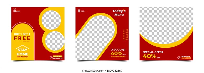 Conjunto de diseño de plantillas de banner cuadrado editable con tema de entrega de alimentos. Vector de fondo de diseño plano aislado. Usable para restaurante de medios sociales, tienda de comida y promoción culinaria