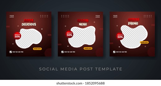 Set of Editable square banner template design for food menu  . Suitable for Social Media Post restaurant and culinary digital Promotion. Red background color shape vector.