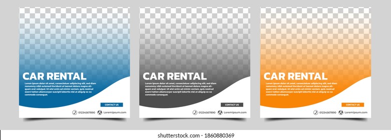 Conjunto de modelo de banner quadrado editável. Banner de aluguel de carros com fundo preto, laranja e azul. Vetor de design plano com colagem de fotos. Utilizável para anúncios de redes sociais, histórias e internet.