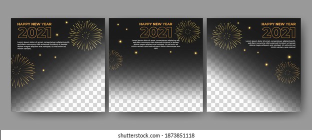 Set of editable square banner template. Black background with fireworks shape. Usable for social media post and web internet ads. Flat design vector with photo collage