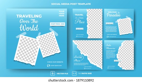 Set Of The Editable Square Banner Template. Blue Background Color With A Photo Collage. Usable For Social Media Posts, Banners, And Web Internet Ads.