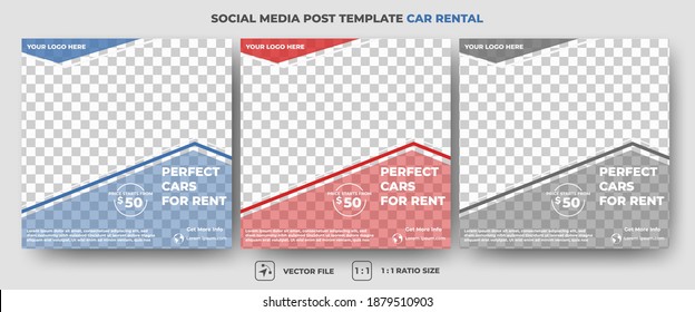 Set of the editable square banner template. Car rental banner with a black, blue, and red color background. Flat design vector with a photo collage. Usable for social media, banners, and internet ads