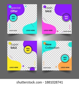 Set of Editable square banner template design for instagram post. Suitable for Social Media Post restaurant and culinary digital Promotion. Purple, pink and Yellow background color shape vector. EPS 1