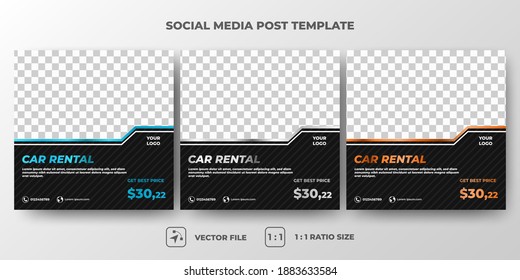 Set of Editable square banner template. Car rental banner with silver, orange, and blue frame color. Flat design vector with a photo collage. Usable for social media, banners, and web internet ads.