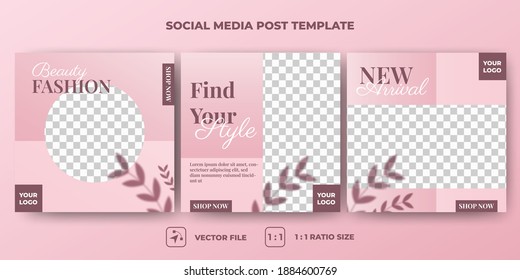 Set of Editable square banner template. Pink color background with a shadow leaf illustration. Usable for social media, banner, and web internet ads. Flat design vector with a photo collage. - Shutterstock ID 1884600769
