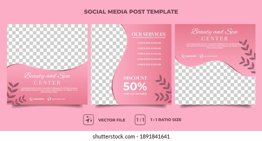 Conjunto de plantilla de banner cuadrado editable. Diseño de publicaciones en medios sociales de spa y masaje. Fondo rosa con decoración de hojas. Vector de diseño plano con collage de fotos. Usable para medios sociales y anuncios publicitarios