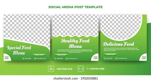 Set of Editable square banner template. Food banner design with green background and white line. Flat design vector with a photo collage. Usable for social media, banner, and web internet ads.