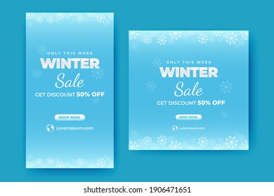 Conjunto de diseño de plantilla de banner cuadrado editable. Cartel de la venta de invierno con decoración de copos de nieve. Vector de diseño plano aislado. Adecuado para medios sociales, banners y anuncios de internet.