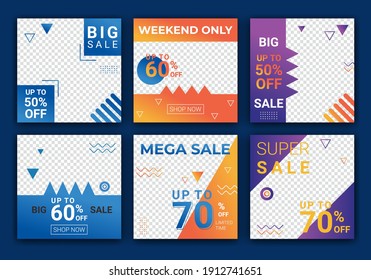 Set Of Editable Square Banner Template Design For Fashion Sale Post On Ig. Web Banner Ads For Promotion Design With Blue, Orange And Purple Color. Sale Banner Adversiter Template. Vector Illustration