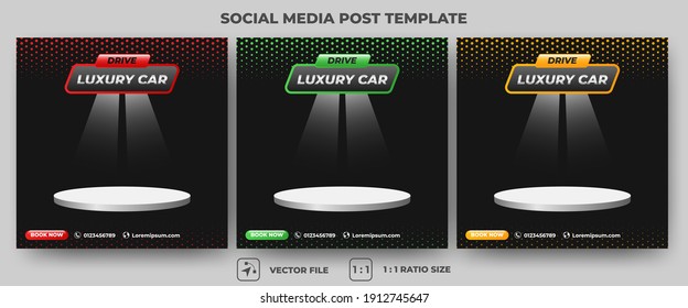 Set of Editable square banner template. Car rental banner with red, green, and orange color. Flat design vector with a stage for place photo. Usable for social media, banners, and web ads.