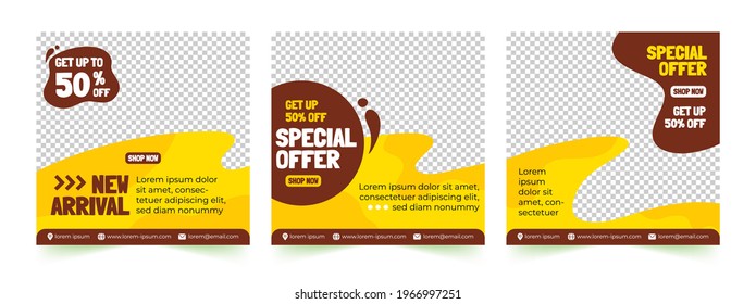 Set of editable square banner template designs for food posts on social media. Brown and orange background color with liquid shape. Restaurant Social Media Posts and Digital Culinary Promotion.