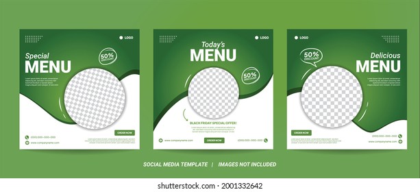 Conjunto de diseño de plantillas de banner cuadrado editable para publicación de comida saludable. Adecuado para el restaurante Social Media Post y promoción digital culinaria. vector de forma de color de fondo blanco y verde.