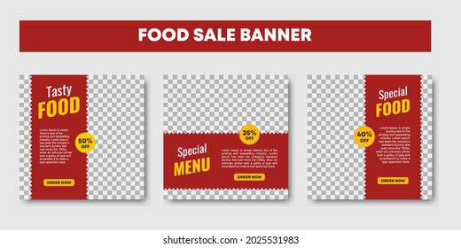 Set of Editable square banner template design for food post on digital marketing. Layout design for food sale promotion with red and yellow colored. Vector illustration culinary theme
