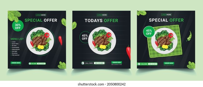 Set of Editable square banner template design for food. Suitable for 
Social Media Post restaurant and culinary digital Promotion. 
Black and Green background color shape vector.
