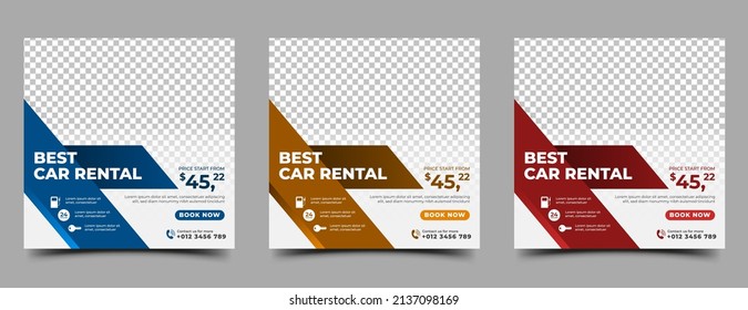 Set of Editable square banner template. Car rental banner with blue, yellow, and red color shape. Usable for social media post, banner, and web.