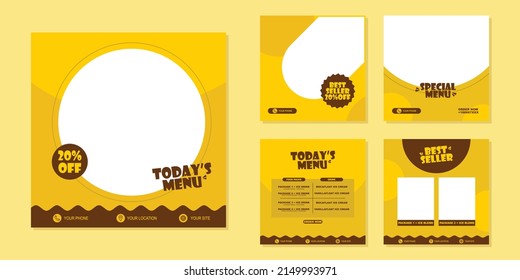 Conjunto de diseño de plantillas de banner cuadrado editable para publicación de comida en medios sociales. Adecuado para el restaurante Social Media Post y Promoción digital. Vector de forma de color de fondo marrón y amarillo.