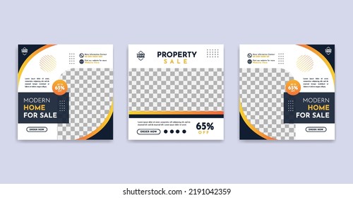 Set of Editable square banner template. Geometric strip line shape frame with place for the photo. Usable for social media, website, flyers, and banners. Real estate promotion square banner.