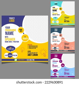Set of Editable square banner template. Blue and yellow background color. Suitable for social media post, instagram, facebook and web internet ads. Vector illustration