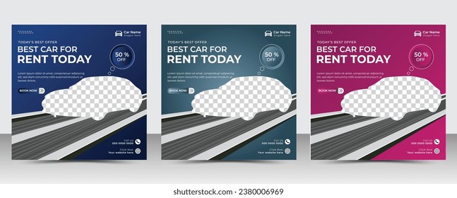 Set of editable square banner template. Car rental banner with black, 3 color background. Flat design vector with photo collage. Usable for social media, story and web internet ads.
