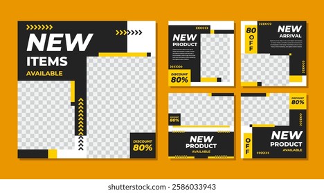Set of Editable square banner template black and yellow background color with stripe line shape Suitable for social media post