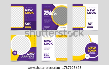 Set of Editable square banner template. purple and yellow background color with stripe line shape. Suitable for social media post, instagram, facebook and web internet ads. Vector illustration