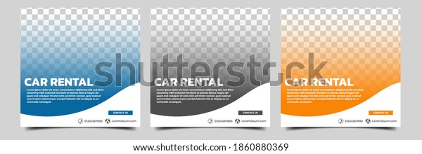 Set of editable square banner template. Car rental\
banner with black, orange and blue color background. Flat design\
vector with photo collage. Usable for social media, story and web\
internet ads.