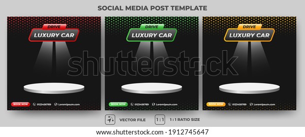 Set\
of Editable square banner template. Car rental banner with red,\
green, and orange color. Flat design vector with a stage for place\
photo. Usable for social media, banners, and web\
ads.
