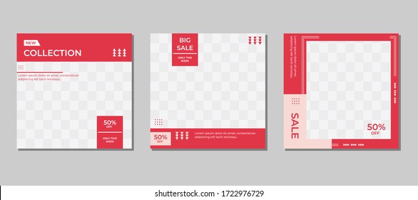 Set of editable square banner templates, red and pink background colors, with a photo collage concept - Suitable for posting and social media ads