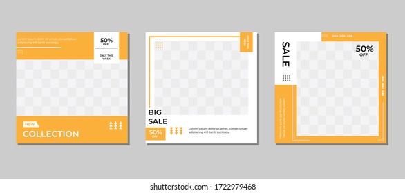 Set of editable square banner templates, white and yellow background colors, with a photo collage concept - Suitable for posting and social media ads
