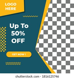 Conjunto de plantillas de banner cuadradas editables. Color de fondo azul y amarillo con contorno rayado. Adecuado para publicaciones en medios sociales, instagram y publicidad en internet.
