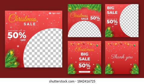 Set of editable square banner templates. Christmas sale post template design with photo collage. Usable for social media post, story and web internet ads.