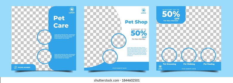 Set of editable square banner templates. Pet shop social media post design with blue color and photo collage. Usable for social media post, story and web internet ads. Flat vector design isolated