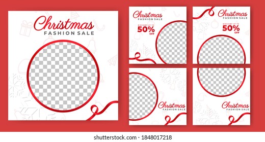 Set of editable square banner templates. Red and white color with white background christmas post template design with photo collage. Usable for social media post, story and web internet ads