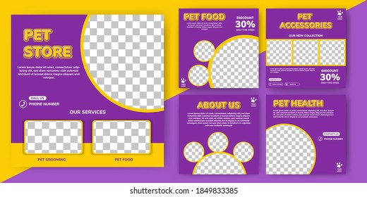 Set of editable square banner templates. Pet care and pet shop social media post template design with photo collage. Usable for social media post, story and web internet ads.