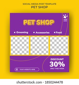 Set of editable square banner templates. Pet care and pet shop square banner template vector design with photo collage. Usable for social media post, story and web internet ads.