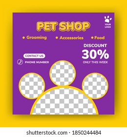 Set of editable square banner templates. Pet care and pet shop square banner template vector design with photo collage. Usable for social media post, story and web internet ads.
