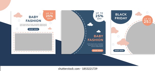 Set of editable square banner templates for social media post, for baby shop, kids shop, kids fashion, baby clothes, advertisement, and business. With simple blue and pink color. (2/3)