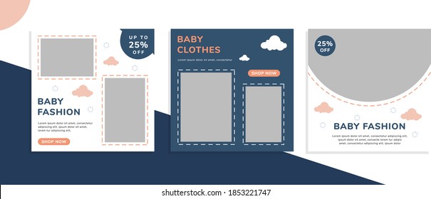 Set of editable square banner templates for social media post, for baby shop, kids shop, kids fashion, baby clothes, advertisement, and business. With simple blue and pink color. (1/3)