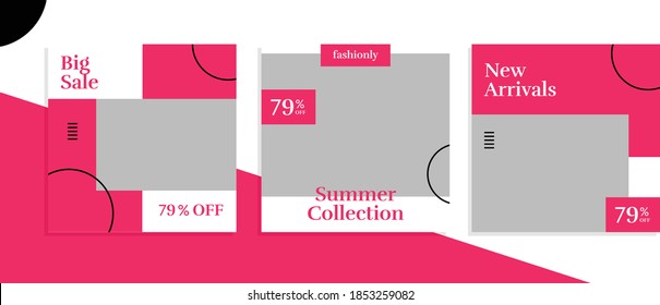 Set of editable square banner templates for social media post, for corporate, company, fashion store, advertisement, and business. With simple pink color. (3/3)