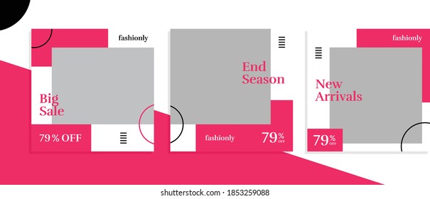 Set of editable square banner templates for social media post, for corporate, company, fashion store, advertisement, and business. With simple pink color. (1/3)