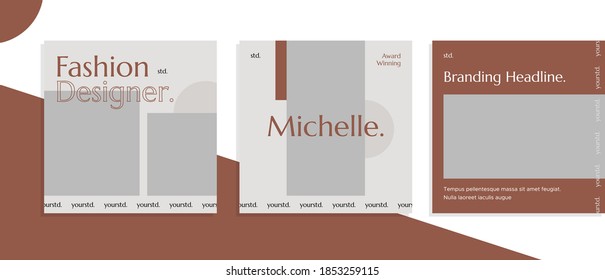 Set of editable square banner templates for social media post, for personal profile, artist, trainer, motivator, coach, model, ads, and business. With simple brown color. (1/3)