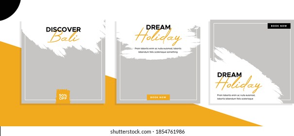 Set of editable square banner templates for social media post, for corporate, company, tour tourism, advertisement, and business. With simple white and orange color. (2/3)