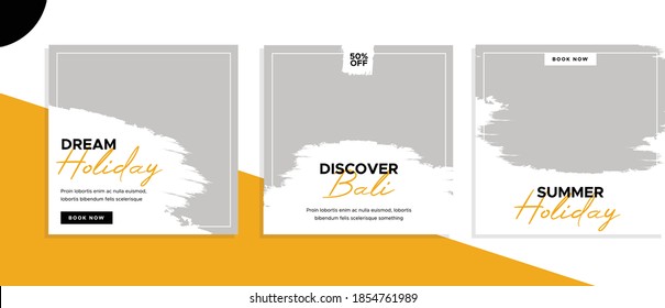 Set of editable square banner templates for social media post, for corporate, company, tour tourism, advertisement, and business. With simple white and orange color. (1/3)