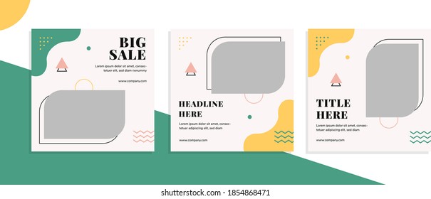 Conjunto de plantillas de banners cuadrados editables para medios sociales, empresas, tiendas de moda, publicidad y negocios. De color naranja, verde y rosa. (1/3)