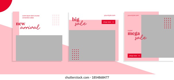 Set of editable square banner templates social media post, for corporate company, fashion store, advertisement, and business. With simple red and pink color. (1/3)