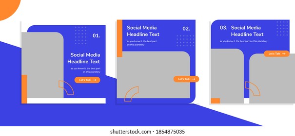 Set Of Editable Square Banner Templates For Social Media Post, For Personal Profile, Artist, Trainer, Motivator, Coach, Model, Ads, And Business. With Simple Orange And Blue Color. (1/3)