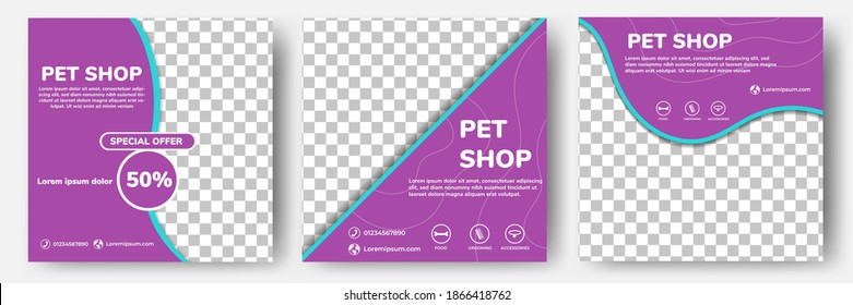 Set of editable square banner templates. Pet shop social media post template design with photo collage. Usable for social media post, story and web internet ads.
