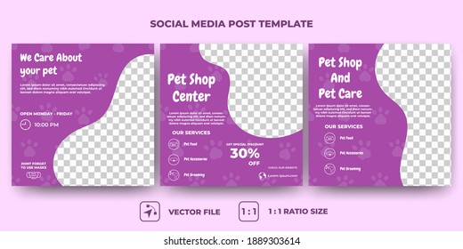 Set of Editable square banner templates. Pet shop social media post design with purple background color. Usable for social media post, banner and web ads. Flat design vector with photo collage.