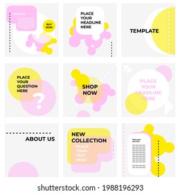 Set of editable square banner templates. Suitable for social media post and internet ads. Abstract vector illustration with shapes and bubbles in pink and yellow colors.