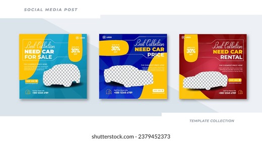 Set of editable square banner templates,  car rent social media post design and sell banner bundle set, business sale promo template design